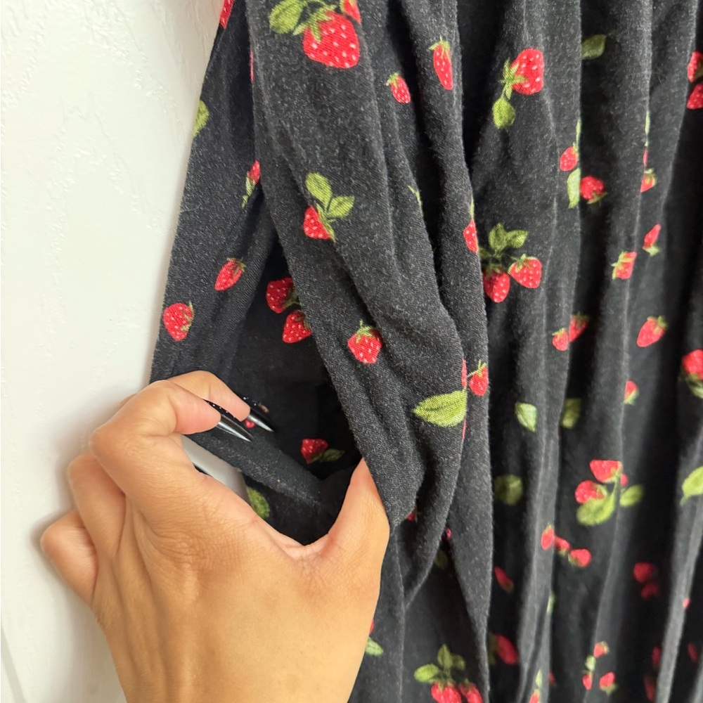 Black Floral Midi Dress with Red Strawberry Print - Picture 3 of 4